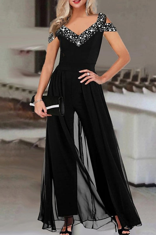 Casual Print Patchwork V-Neck Regular Jumpsuits