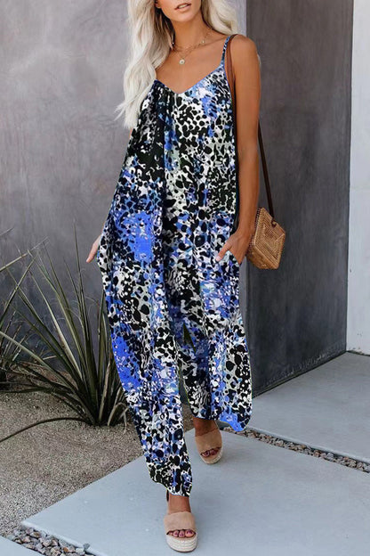 Casual Street Print Pocket V-Neck Loose Jumpsuits