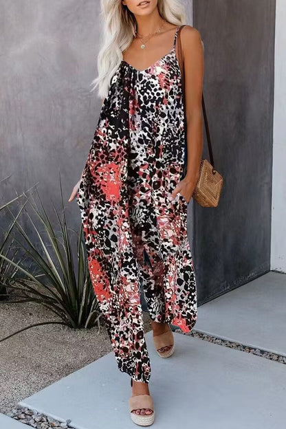 Casual Street Print Pocket V-Neck Loose Jumpsuits
