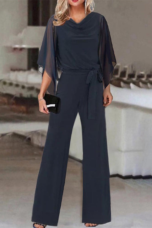 plain bandage asymmetrical-collar straight jumpsuits (4 colors)