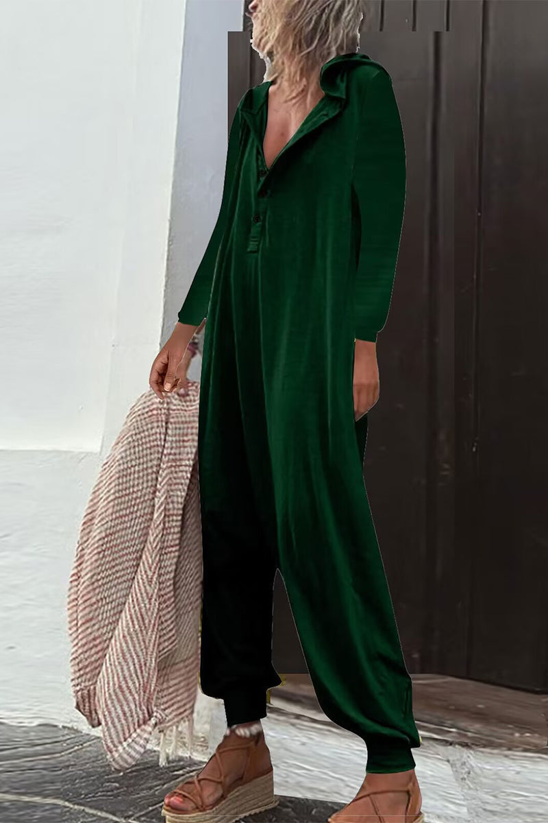 Casual Solid Buttons Hooded Collar Loose Jumpsuits (8 Colors)