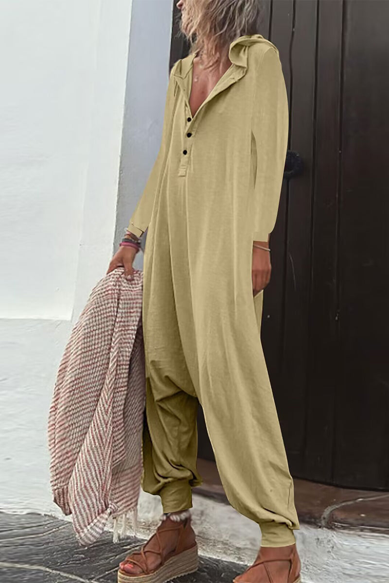 LD Casual Solid Buttons Hooded Collar Loose Jumpsuits (8 Colors)