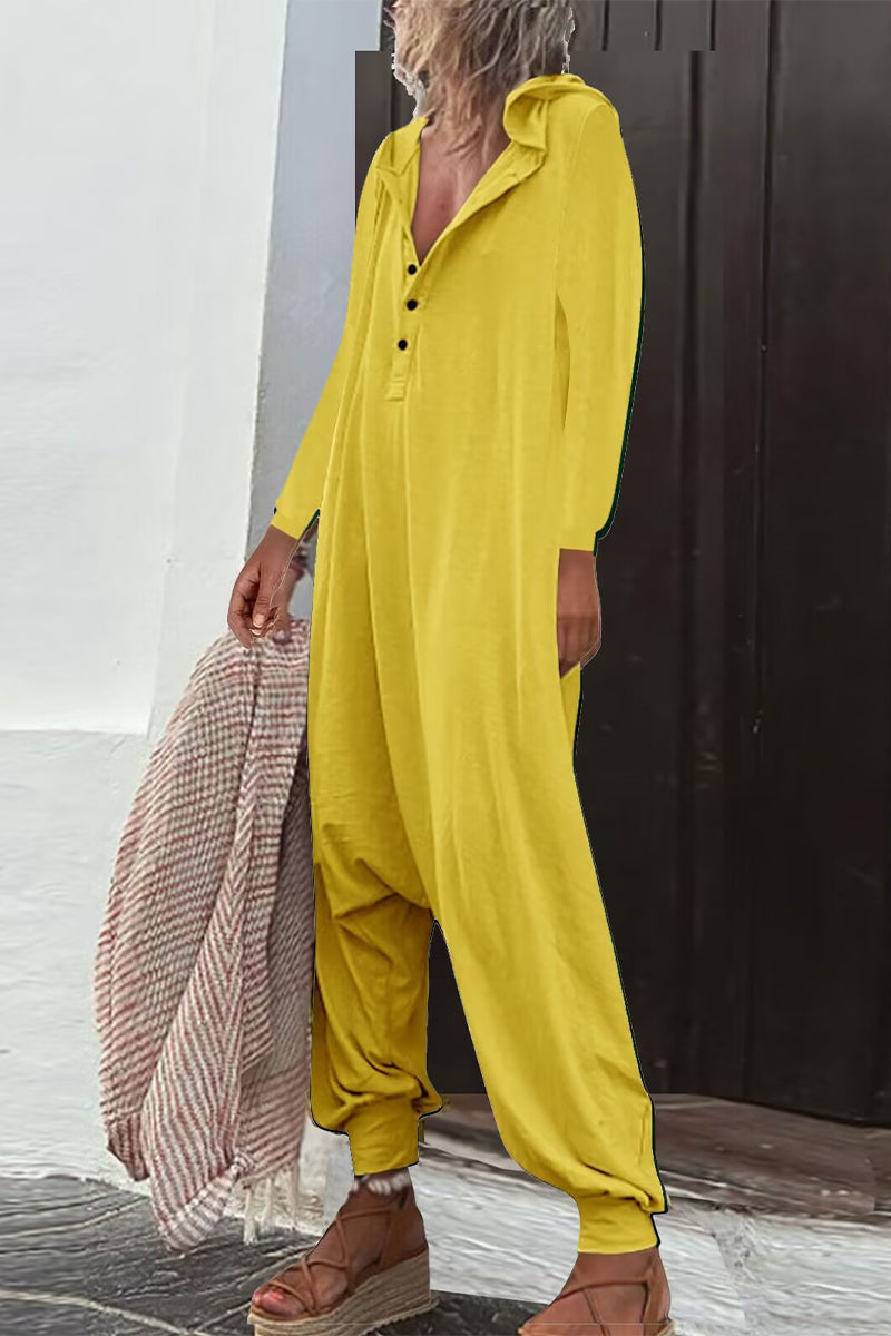 Casual Solid Buttons Hooded Collar Loose Jumpsuits (8 Colors)