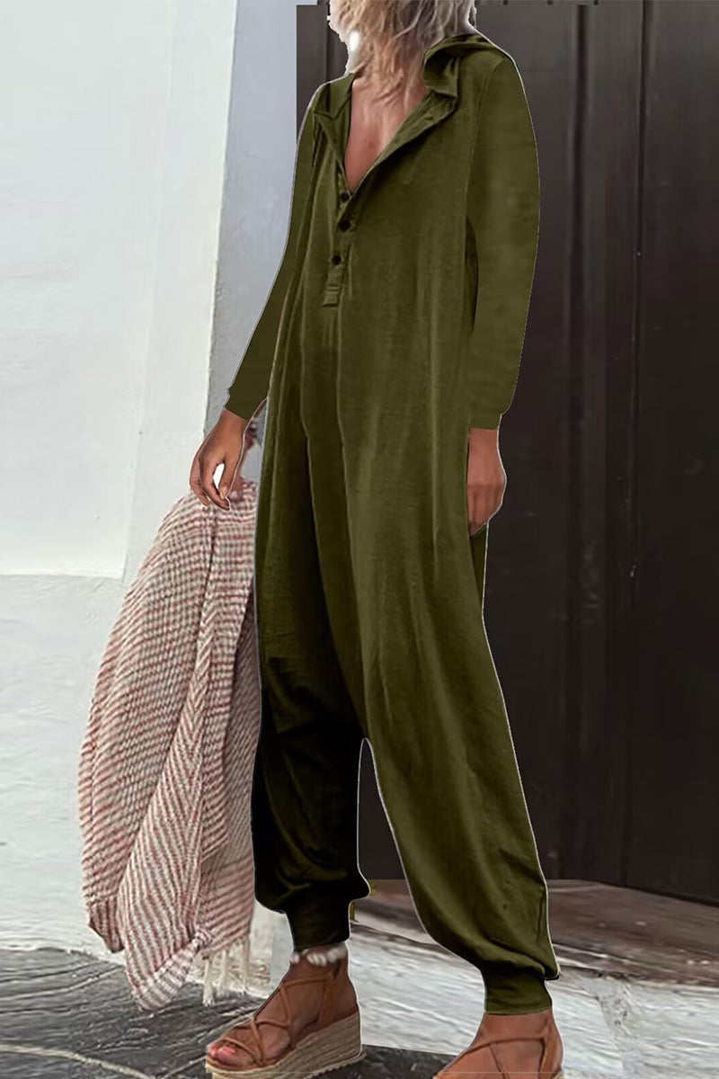 Casual Solid Buttons Hooded Collar Loose Jumpsuits (8 Colors)