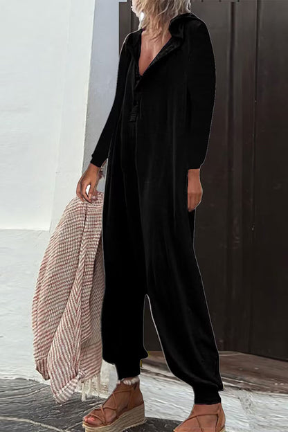 LD Casual Solid Buttons Hooded Collar Loose Jumpsuits (8 Colors)