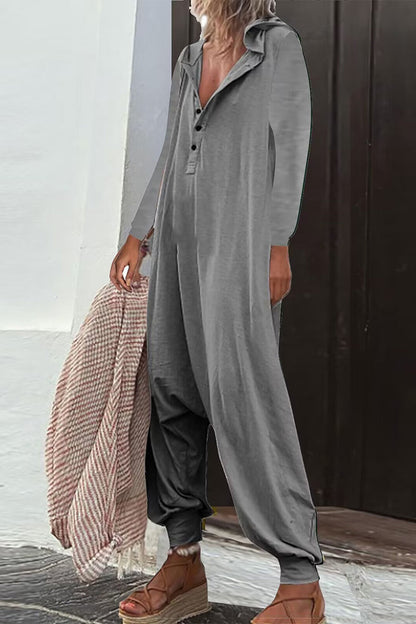 LD Casual Solid Buttons Hooded Collar Loose Jumpsuits (8 Colors)