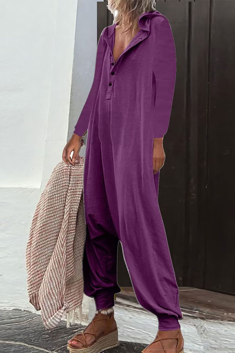 Casual Solid Buttons Hooded Collar Loose Jumpsuits (8 Colors)