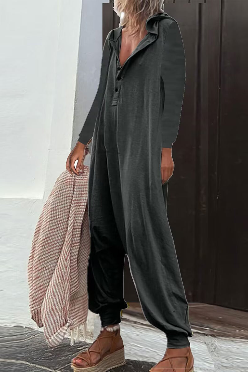 Casual Solid Buttons Hooded Collar Loose Jumpsuits (8 Colors)