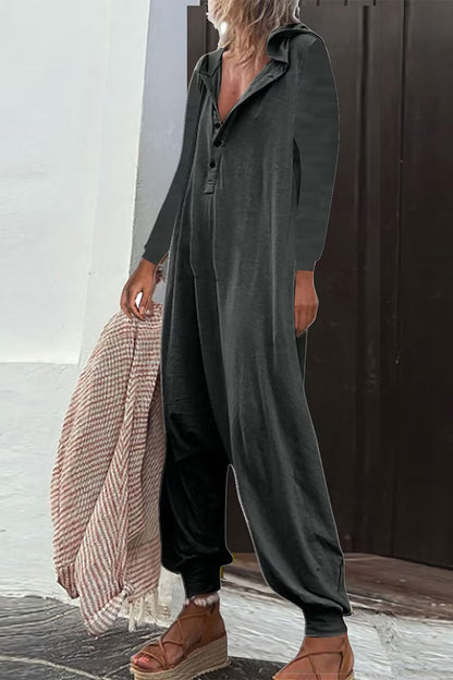 Casual Solid Buttons Hooded Collar Loose Jumpsuits (8 Colors)