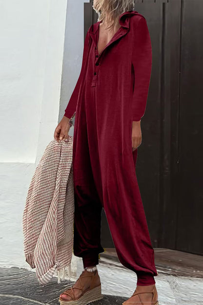LD Casual Solid Buttons Hooded Collar Loose Jumpsuits (8 Colors)