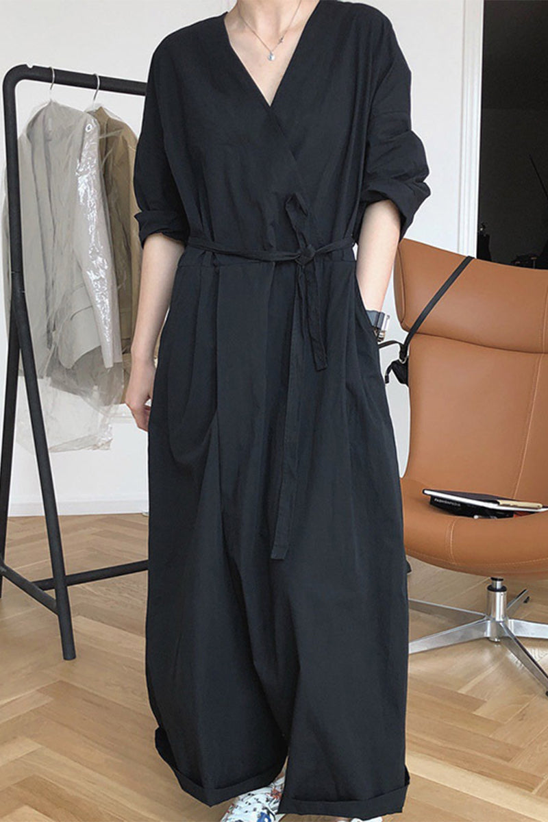 LD college solid collar V neck loose jumpsuits