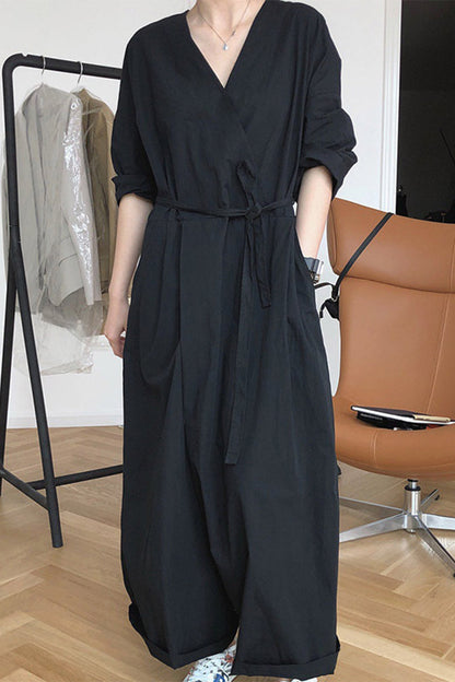 college solid collar V neck loose jumpsuits