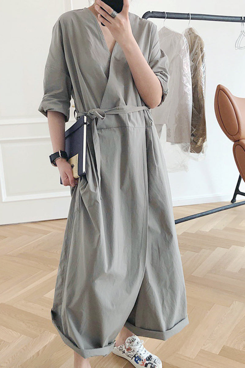 LD college solid collar V neck loose jumpsuits