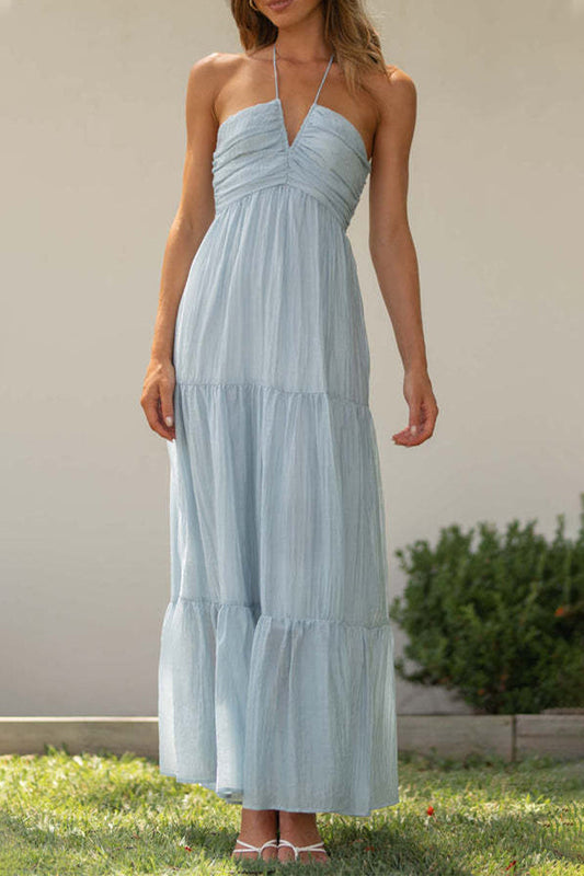 Dresses with halterneck without sleeves in elegant and cute solid colors