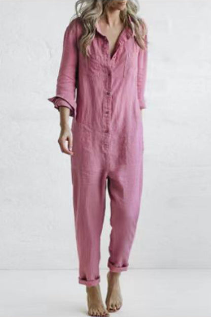 Casual Solid Buckle Turn Down Collar Loose Jumpsuits (3 Colors)