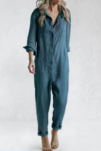 Casual Solid Buckle Turn Down Collar Loose Jumpsuits (3 Colors)