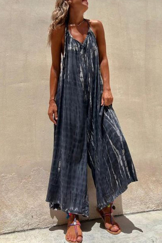 Casual College Print Contrast U Neck Loose Jumpsuits