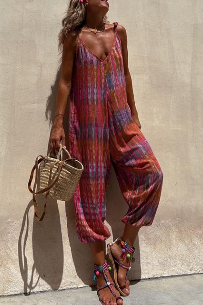 LD college print pocket V-neck loose jumpsuits