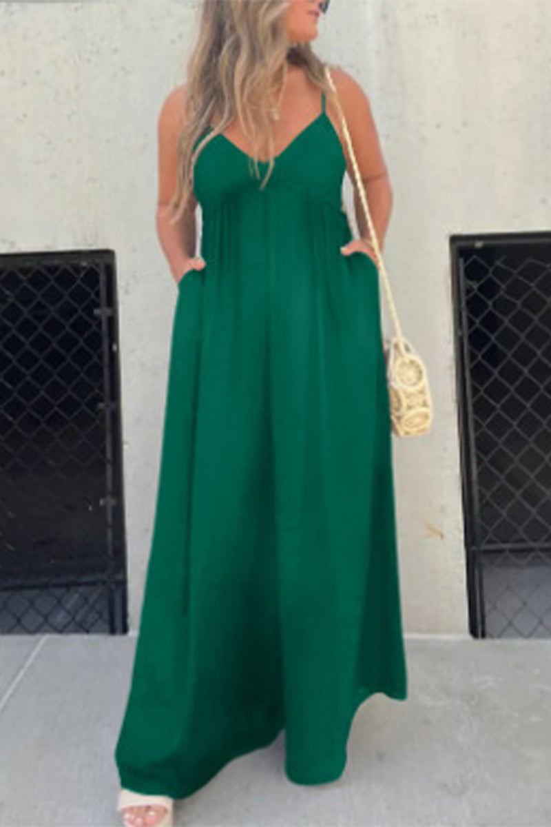 Casual Solid Pocket Pleated V Neck Loose Jumpsuits (9 colors)