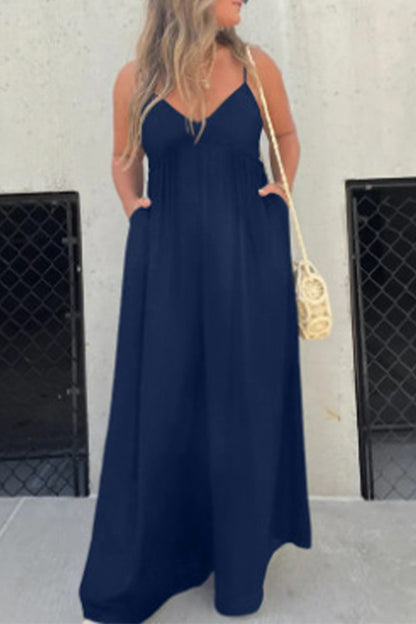 Casual Solid Pocket Pleated V Neck Loose Jumpsuits (9 colors)