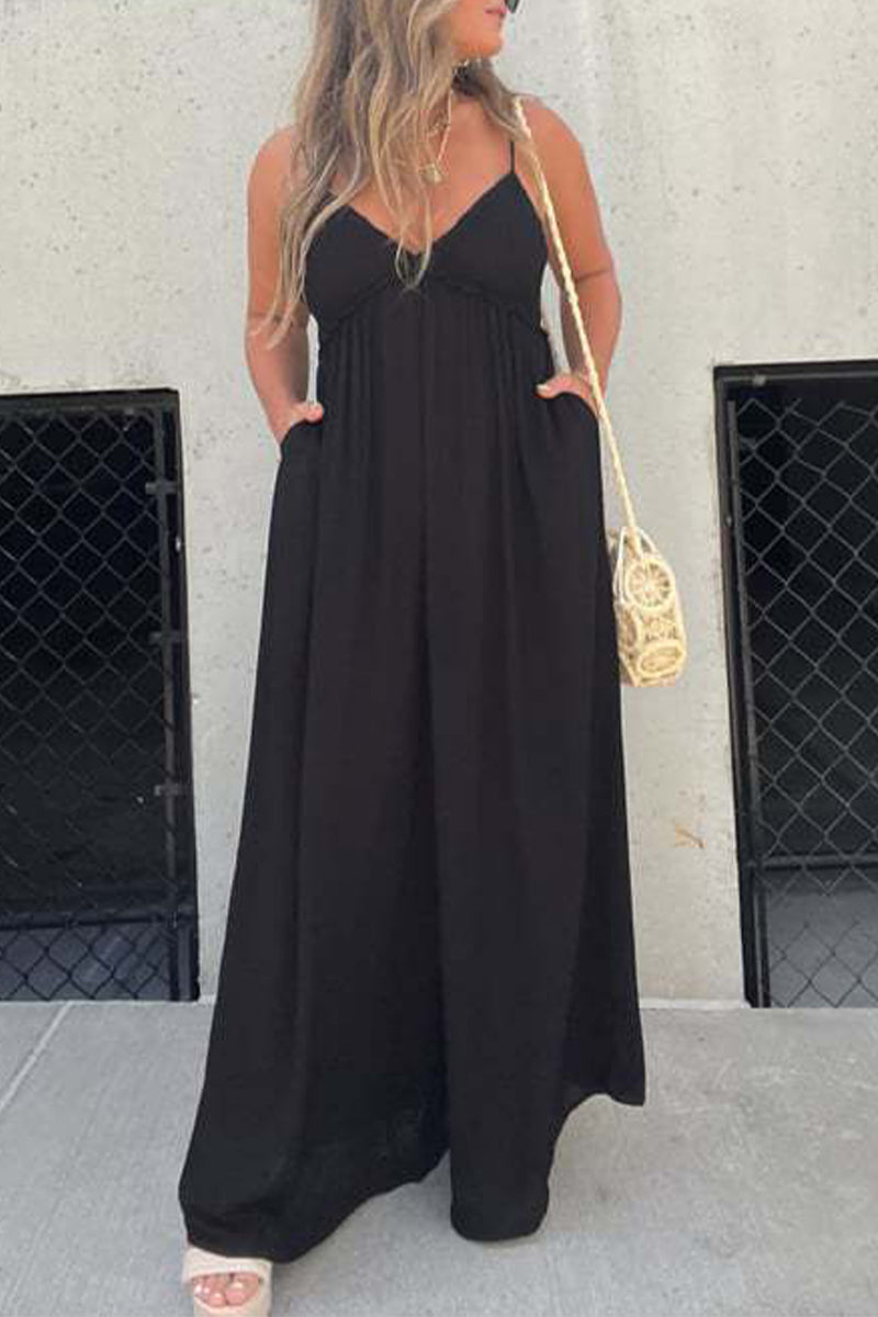 Casual Solid Pocket Pleated V Neck Loose Jumpsuits (9 colors)