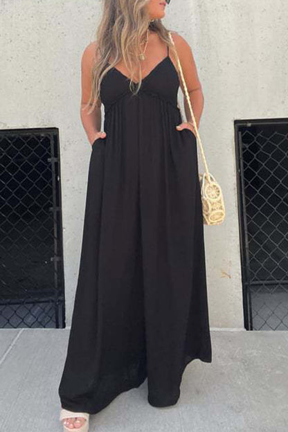 Casual Solid Pocket Pleated V Neck Loose Jumpsuits (9 colors)