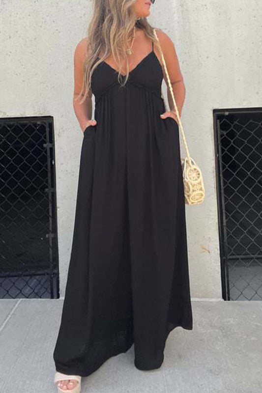 Casual Solid Pocket Pleated V Neck Loose Jumpsuits (9 colors)