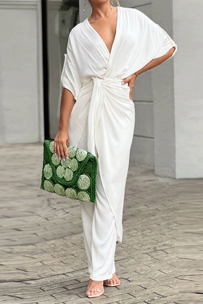 Casual Solid Frenulum V Neck Regular Jumpsuits (3 colors)