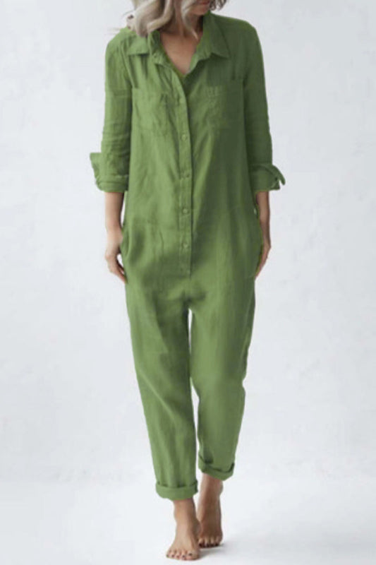 Casual Solid Buckle Turn Down Collar Loose Jumpsuits (3 Colors)
