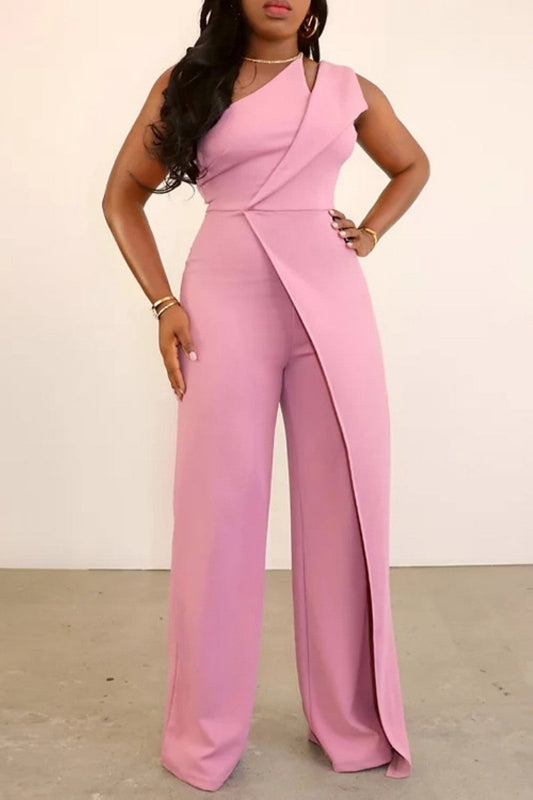 Casual Solid Patchwork Bias Collar Regular Jumpsuits