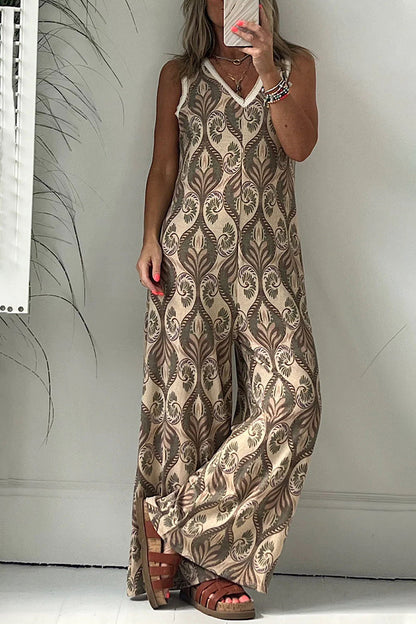college geometric-print V-neck loose jumpsuits