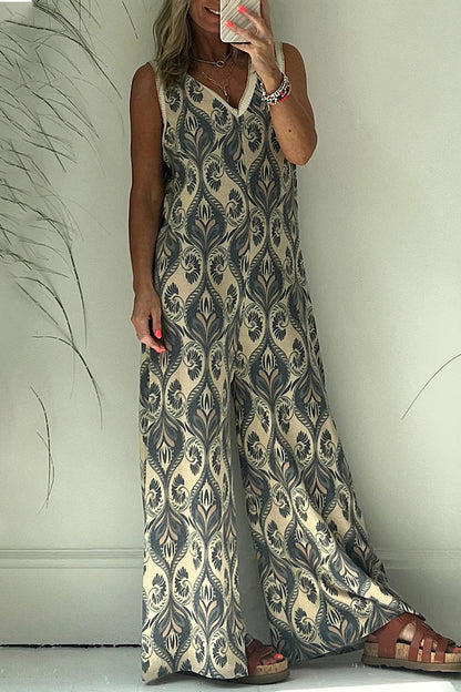 college geometric-print V-neck loose jumpsuits