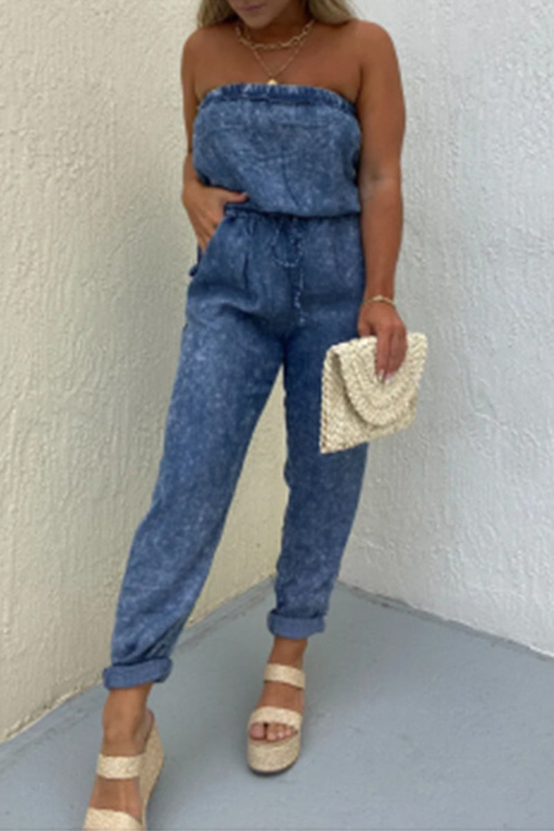 Casual plain-make-old-bag strapless regular jumpsuits