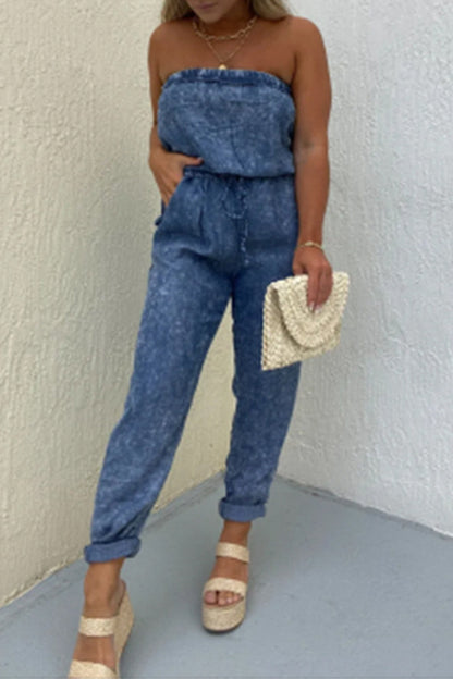 Casual plain-make-old-bag strapless regular jumpsuits