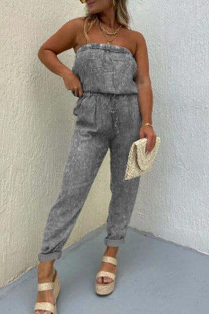 Casual plain-make-old-bag strapless regular jumpsuits