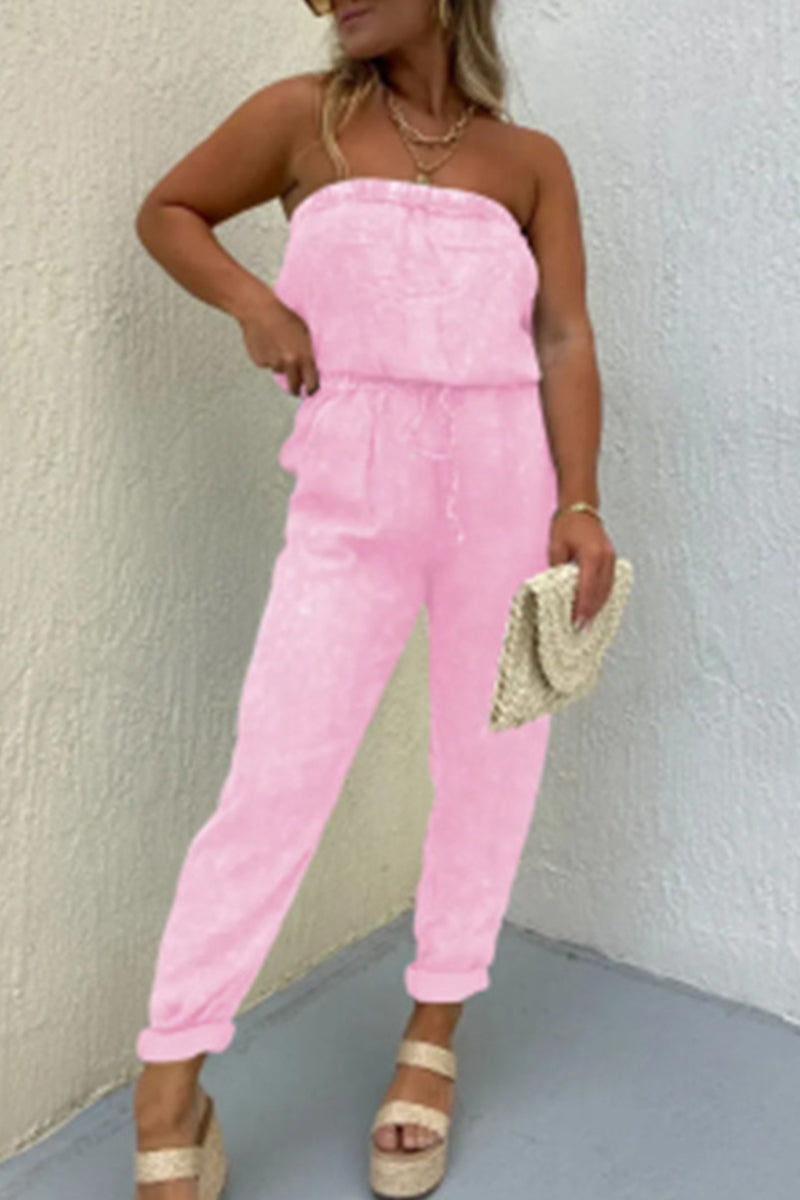 Casual plain-make-old-bag strapless regular jumpsuits
