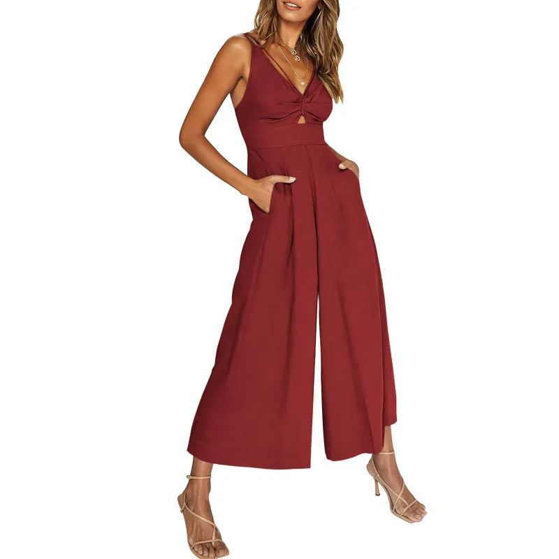 LD 2024 new jumpsuits with V-neck and wide legs