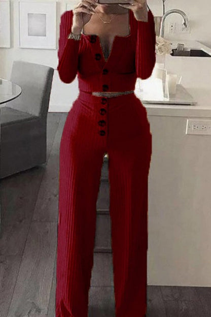 Casual Solid Button Waistcoat Pants U Neck Sleeveless Two Pieces