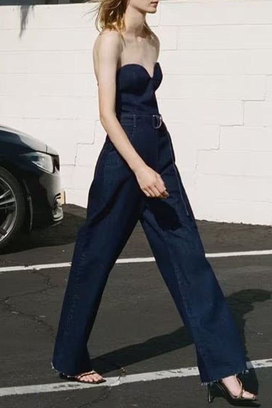 Casual sturdy bag-with-belt strapless sleeveless denim jumpsuits