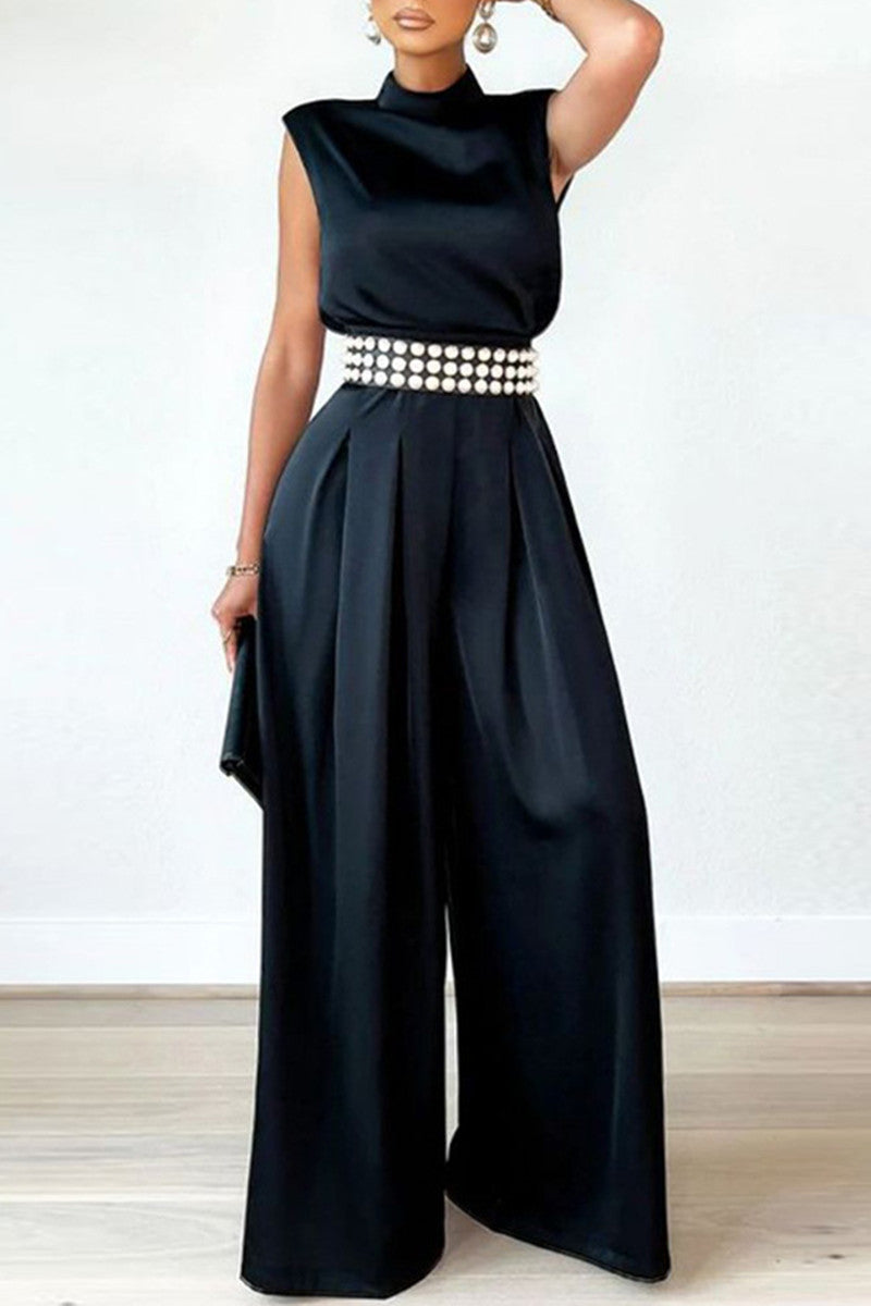 Casual Solid Patchwork Half A Turtleneck Regular Jumpsuits (without belt) (3 colors)