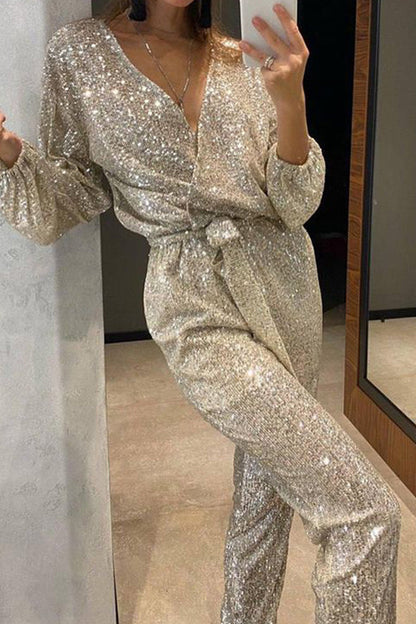 Casual British-style solid bandage sequin sequin v-neck regular jumpsuits