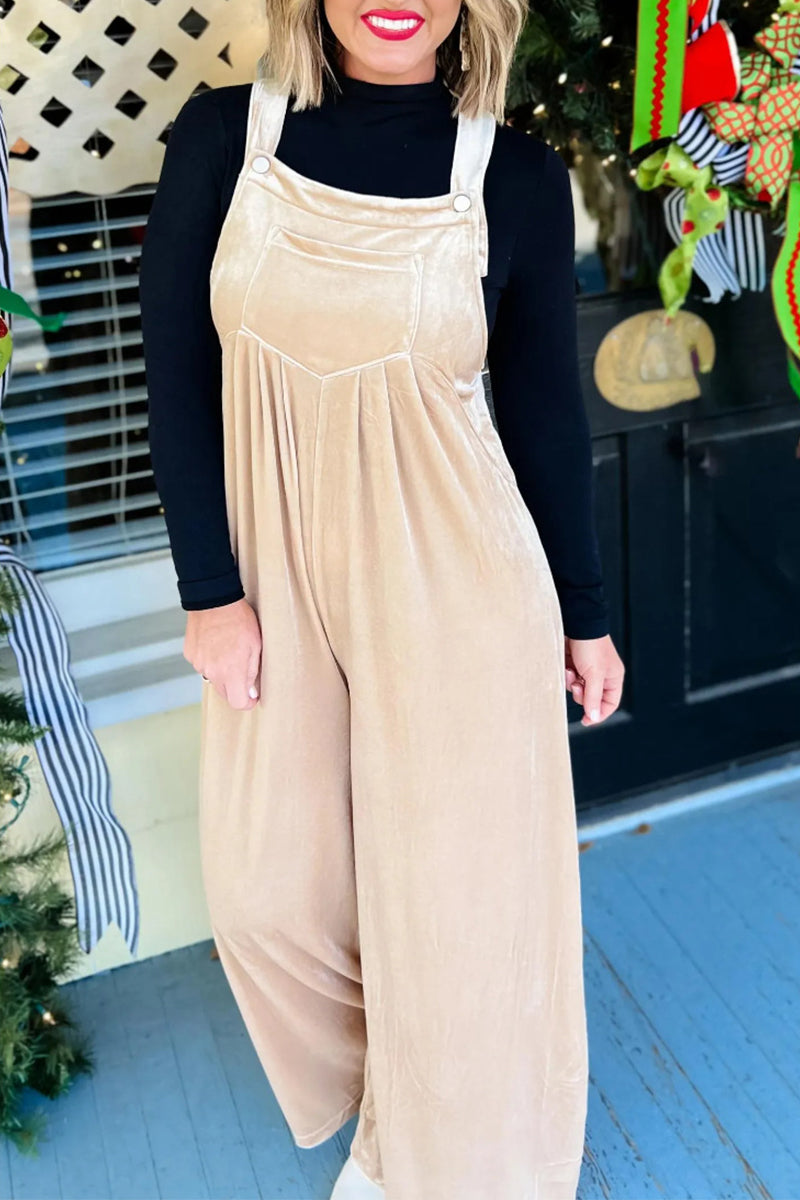 Casual Solid Pocket Pleated Square-Collar Loose Jumpsuits