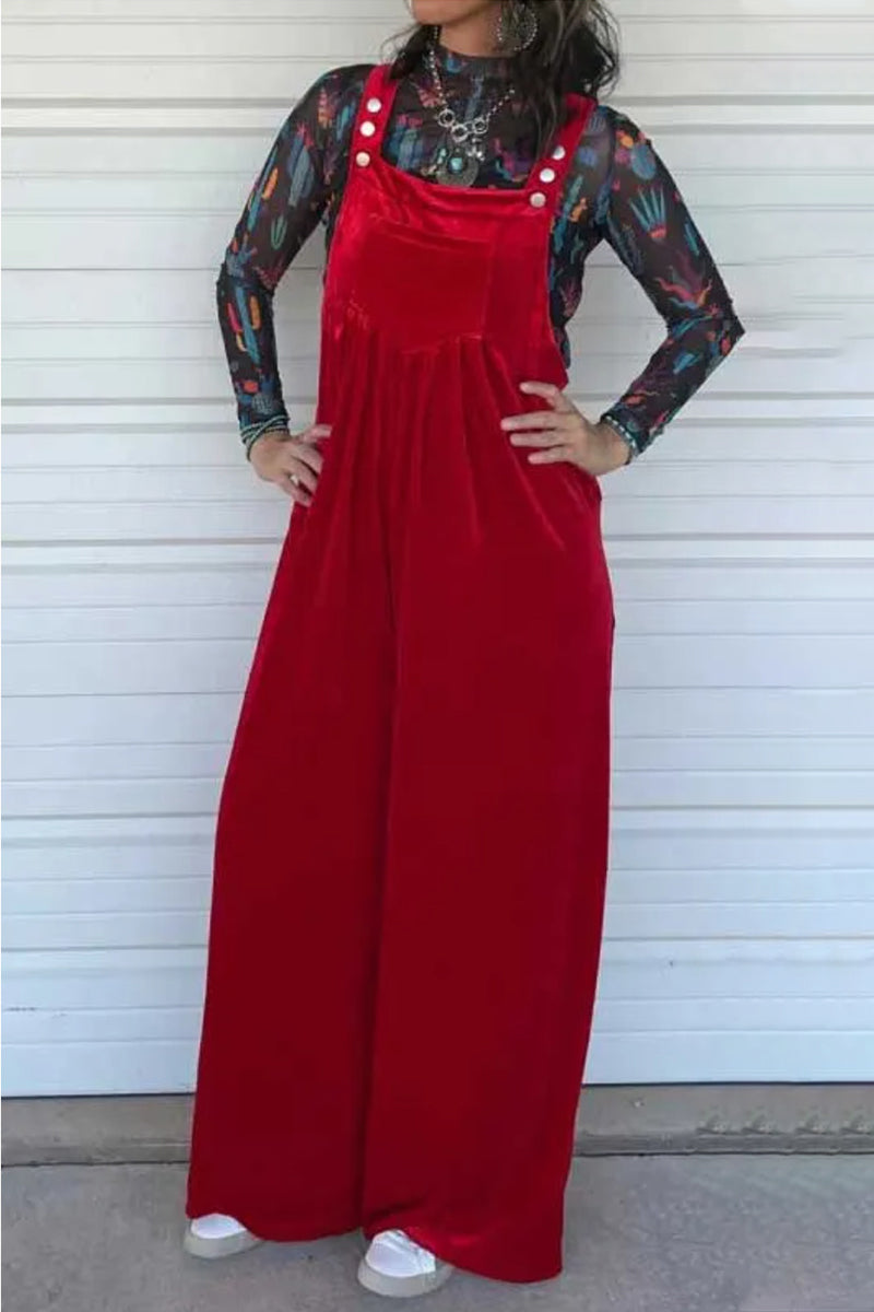 Casual Solid Pocket Pleated Square-Collar Loose Jumpsuits