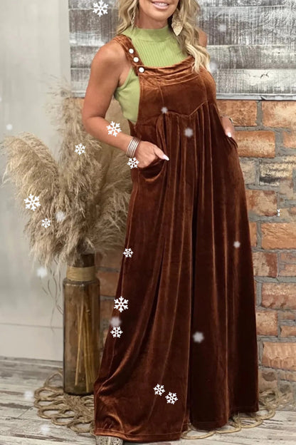 Casual Solid Pocket Pleated Square-Collar Loose Jumpsuits