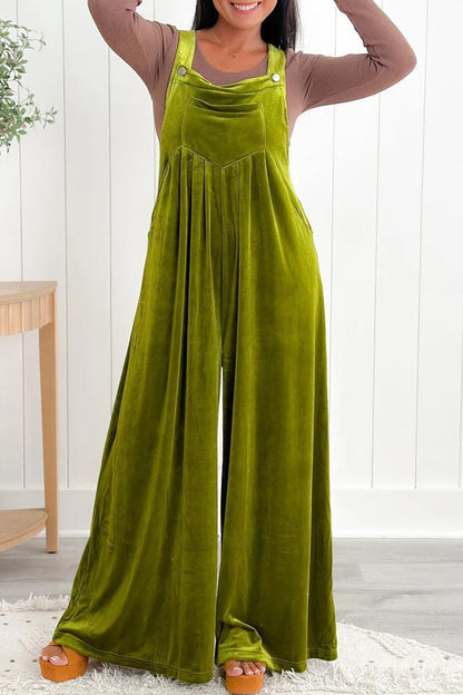 Casual Solid Pocket Pleated Square-Collar Loose Jumpsuits