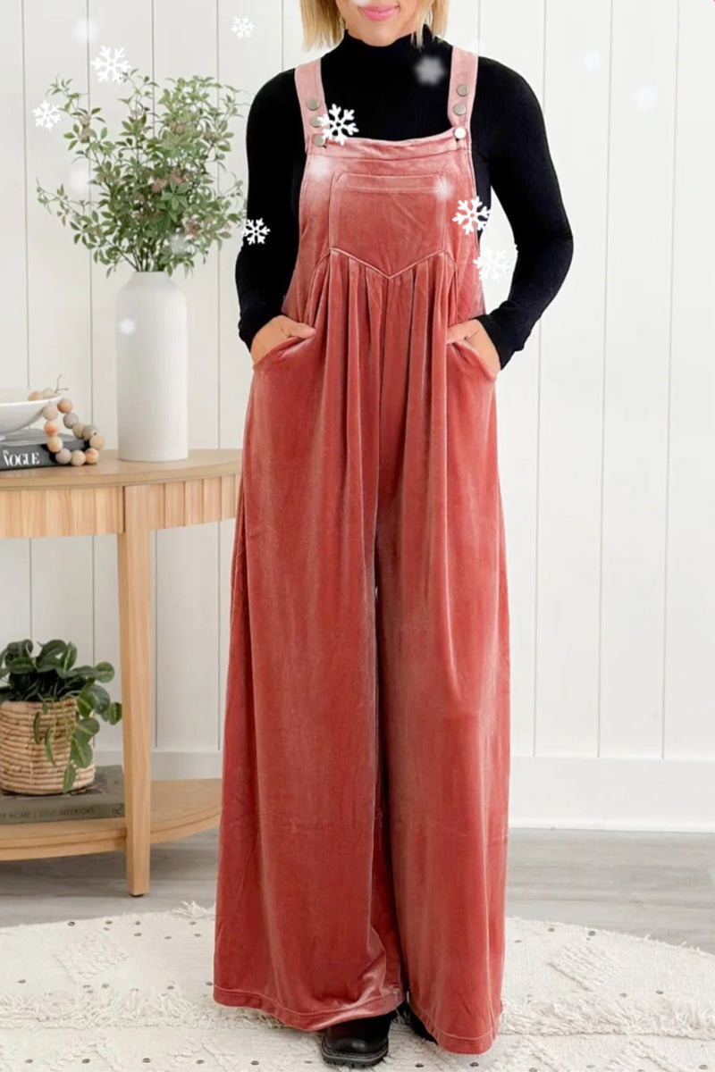 Casual Solid Pocket Pleated Square-Collar Loose Jumpsuits