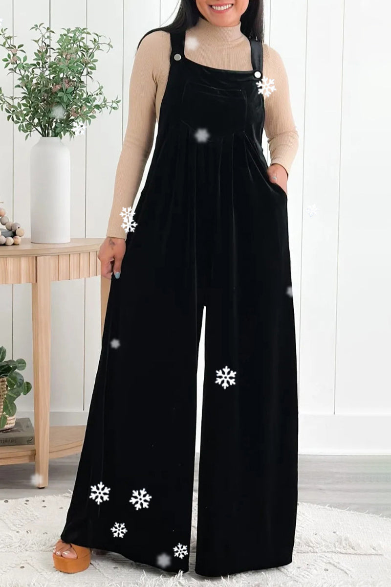 Casual Solid Pocket Pleated Square-Collar Loose Jumpsuits