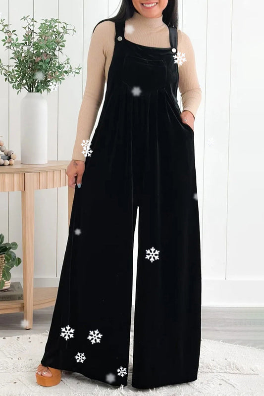 Casual Solid Pocket Pleated Square-Collar Loose Jumpsuits