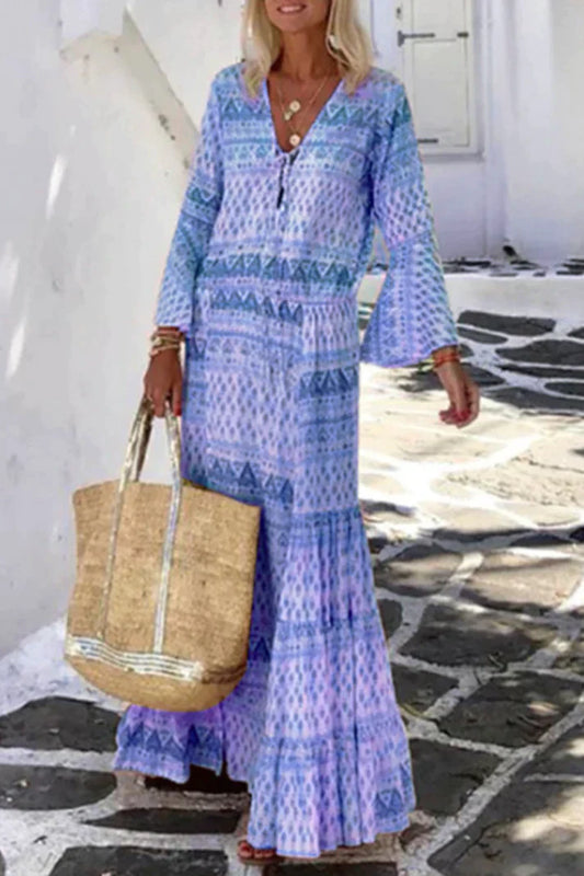 Mc | Casual Print Patchwork Cake Dress with V-neck