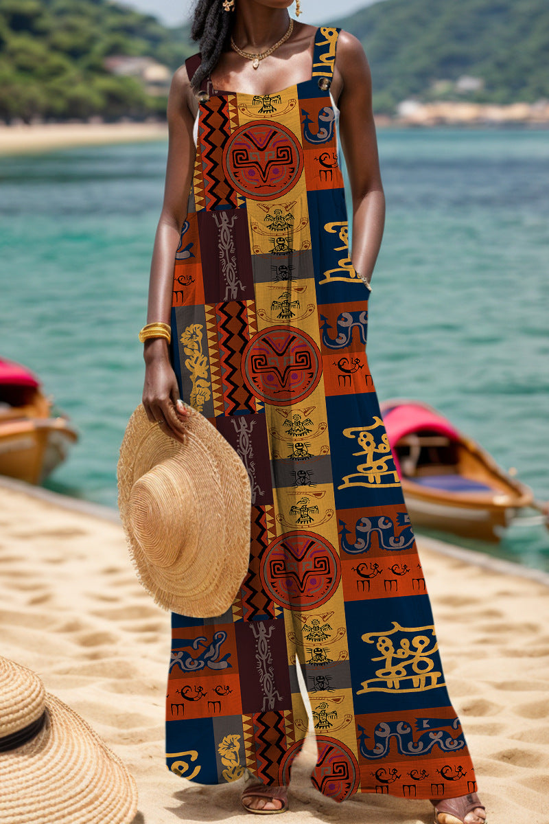 Casual Print Backless Square-Collar Regular Jumpsuits